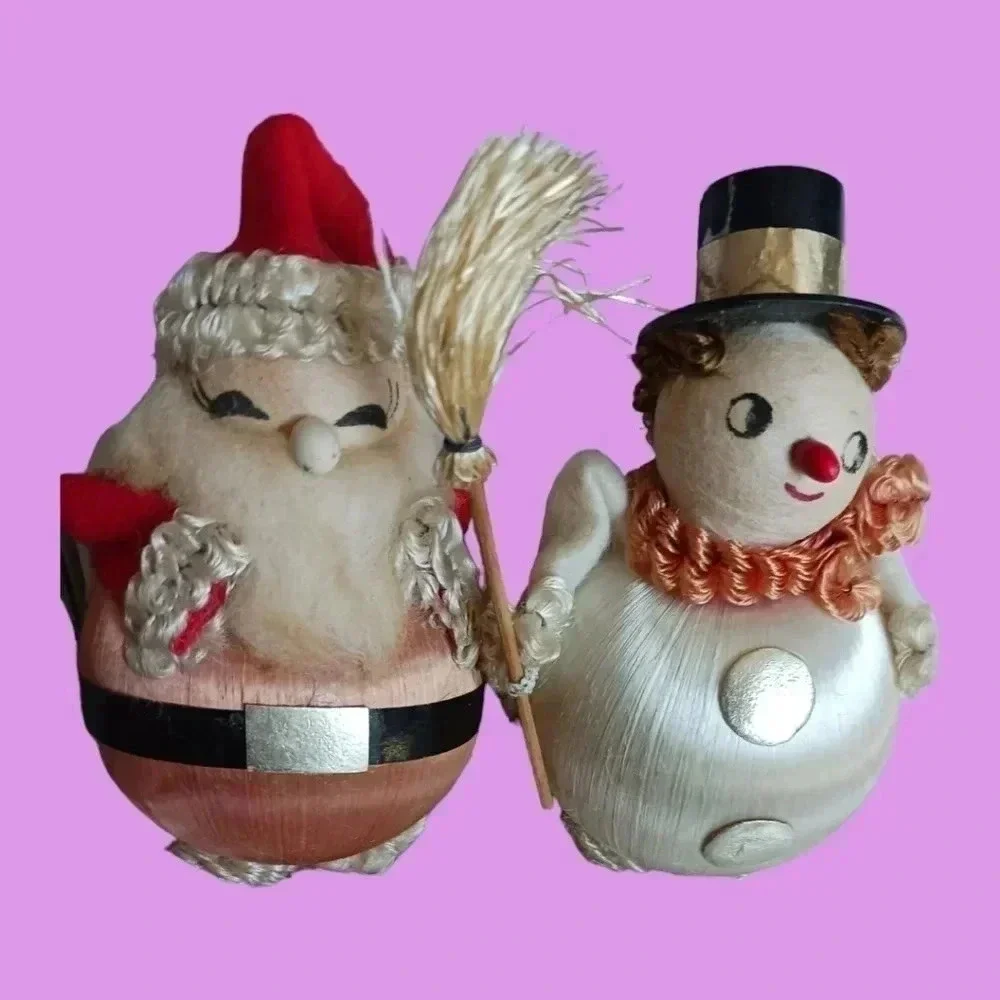 Vtg santa & snowman satin thread w/ chenille christmas ornament lot of 2
